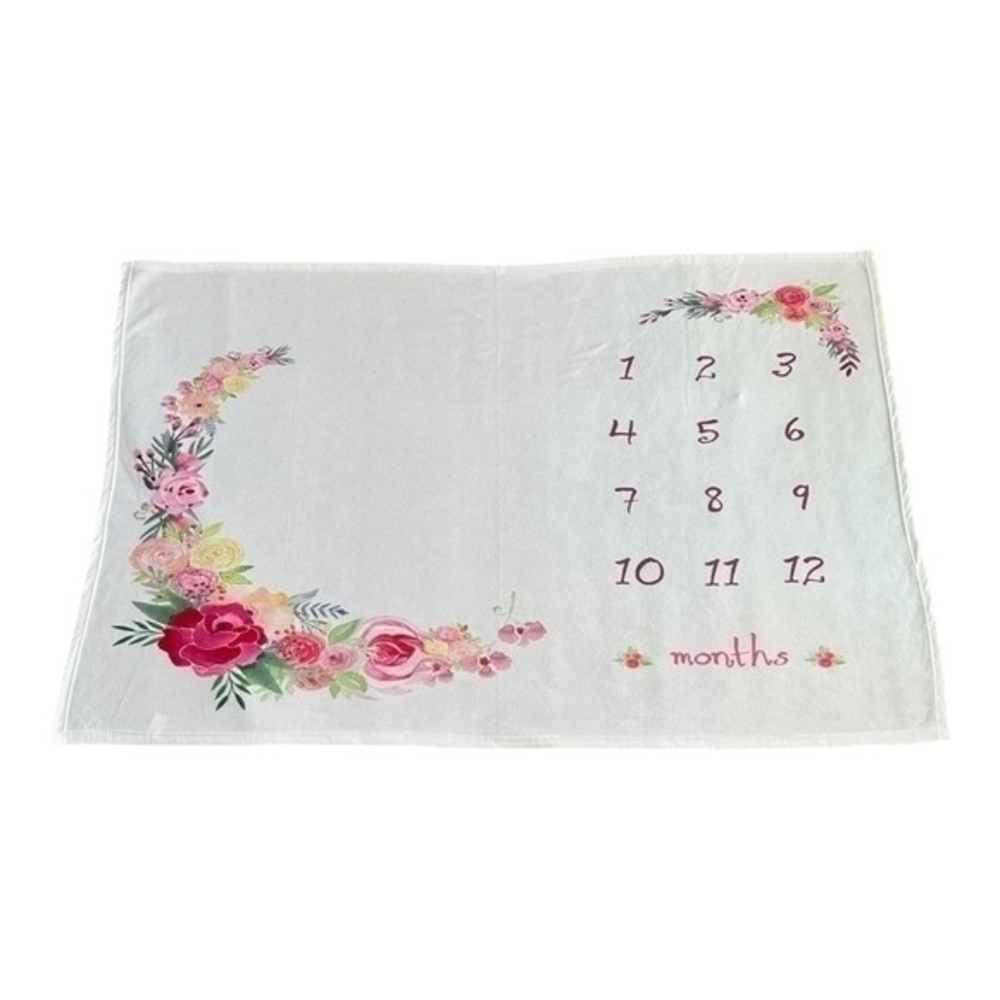Baby Girl Floral Monthly Milestone Blanket White Plush Fleece Photo Background